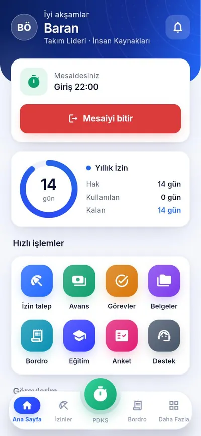 Çalışan self-servis ekranı — seninİK mobil uygulaması, gerçek görünüm